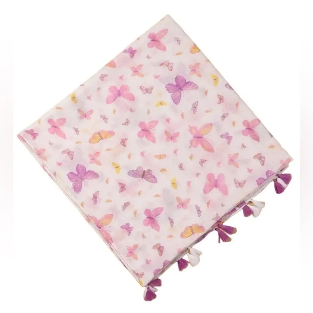 NEW Boho Butterfly Design Tasseled Rectangle Soft Chic Scarf Large Cream Pink